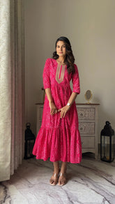 Bandhani Printed Sequined Tiered A-Line Pure Cotton Ethnic Dress-AHEDMLKH-234